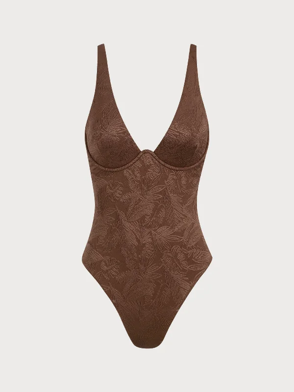 Coffee Jacquard Underwire One-Piece Swimsuit