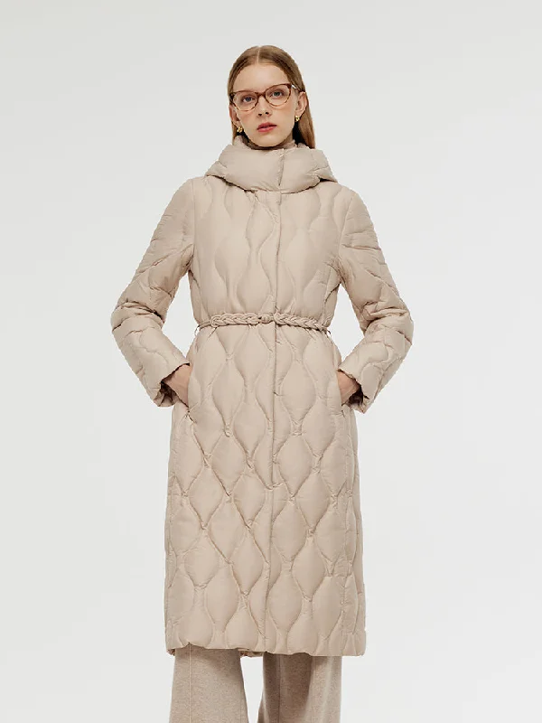 Gathered Waist Long Goose Down Coat With Belt