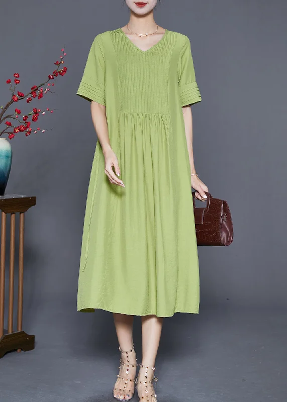 Natural Green V Neck Wrinkled Cotton Maxi Dresses Summer