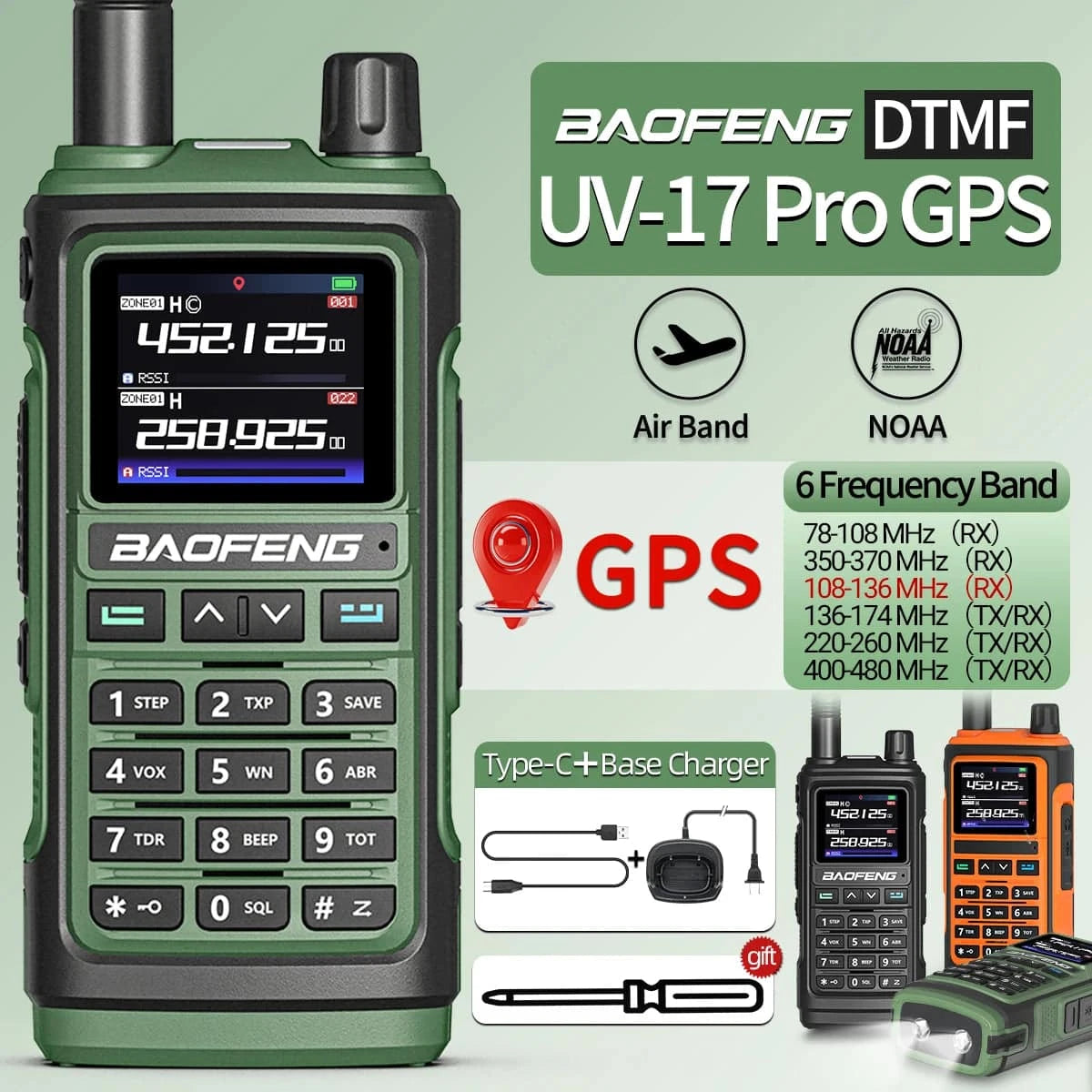 Baofeng UV-17 PRO GPS Air Band Walkie Talkie 999CH Wireless Copy Frequency Type-C Charger NOAA AM FM Protable Ham Two Way Radio