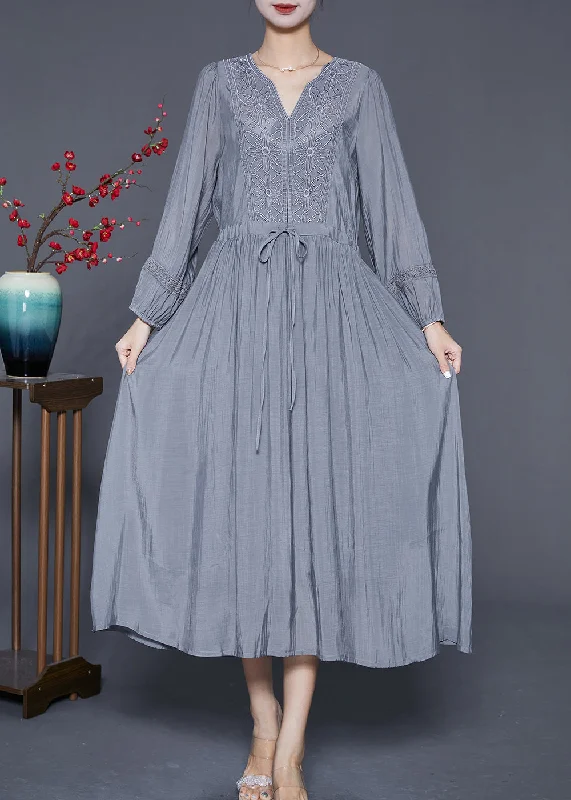 Natural Grey Embroideried Cinched Patchwork Cotton Dresses Summer