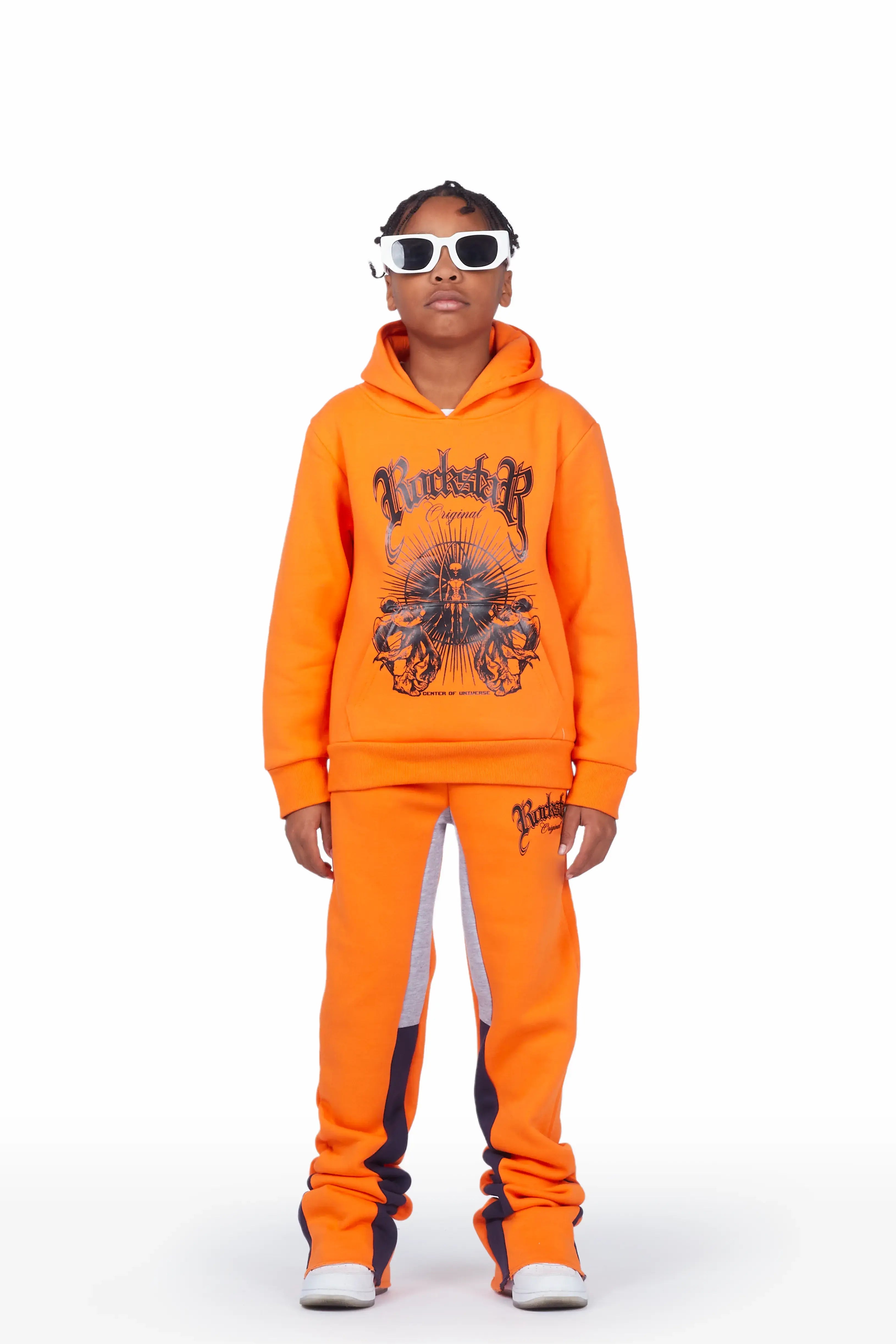 Boys Yarden Orange Hoodie Super Stacked Flare Track Set