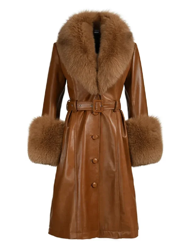 Faux Fur Genuine Leather Coat in Brown