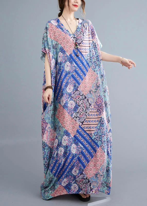 Pink Blue Patchwork Vacation Cotton Maxi Dresses Summer