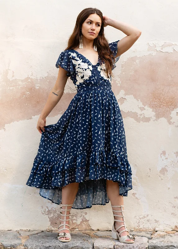 Mia Dress in Navy Bird Print