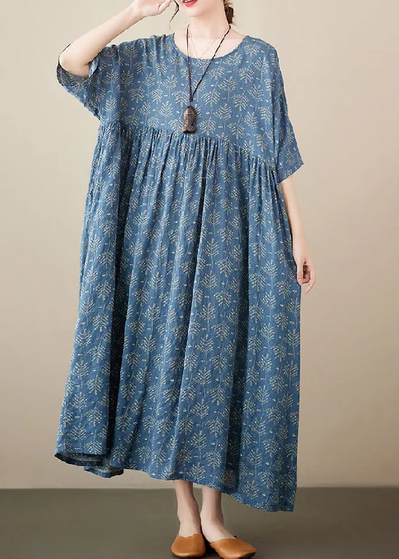 Retro Blue O-Neck Print Cotton Long Dresses Short Sleeve