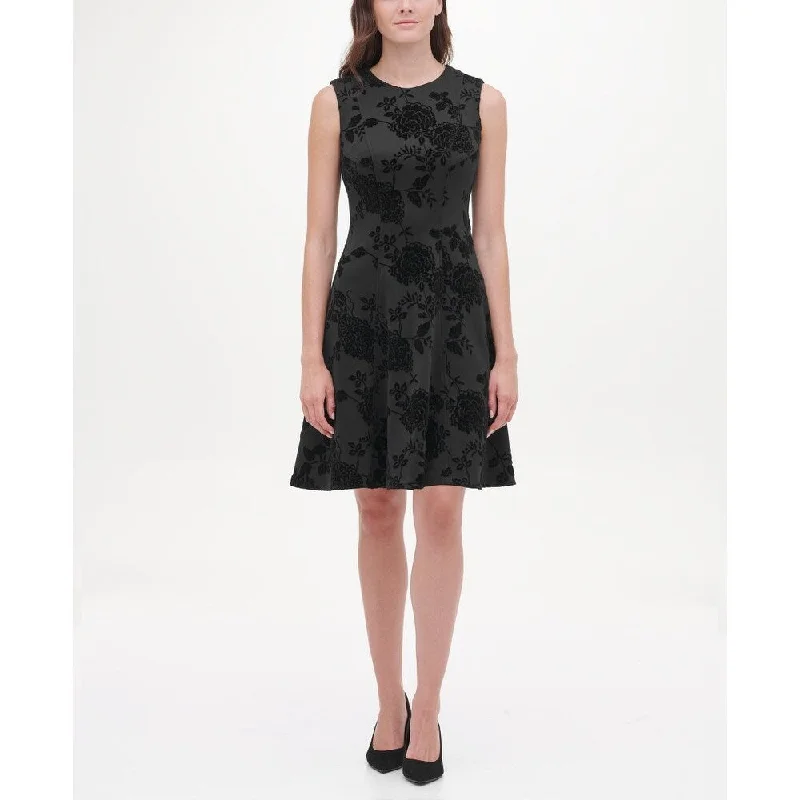 Tommy Hilfiger Women's Velvet-Flocked Shadow Floral Scuba Dress Black Size 8