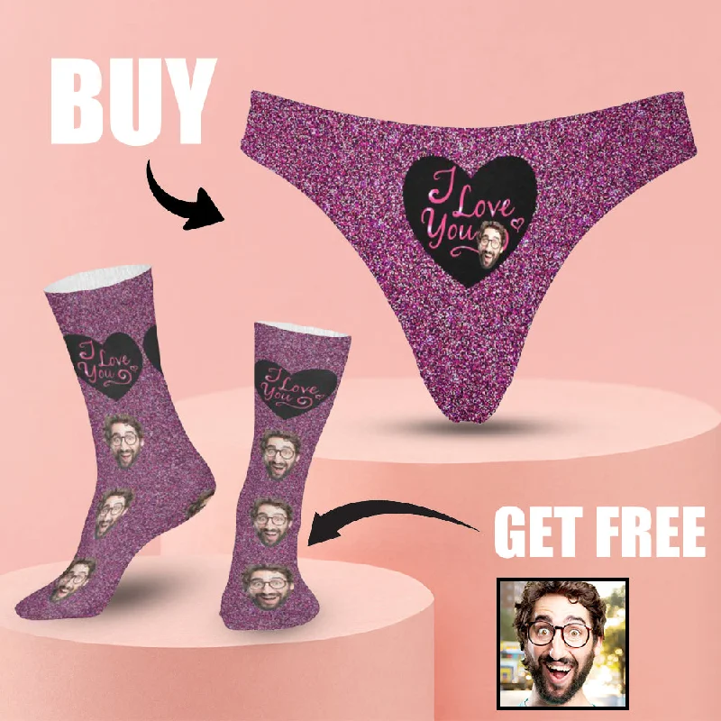 [Underwear+Socks]Custom Boyfriend Face Purple Underwear for Women Personalized Lingerie Panties Classic Thongs