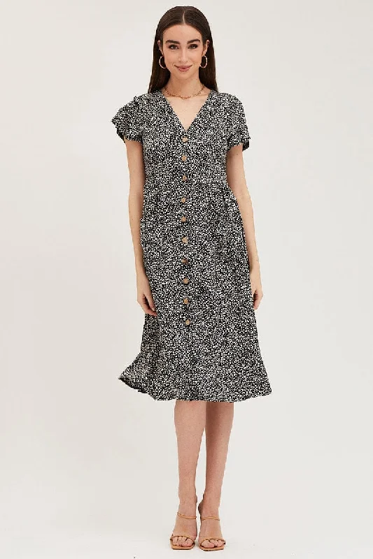 Geo Print Pocket Front Button Midi Dress