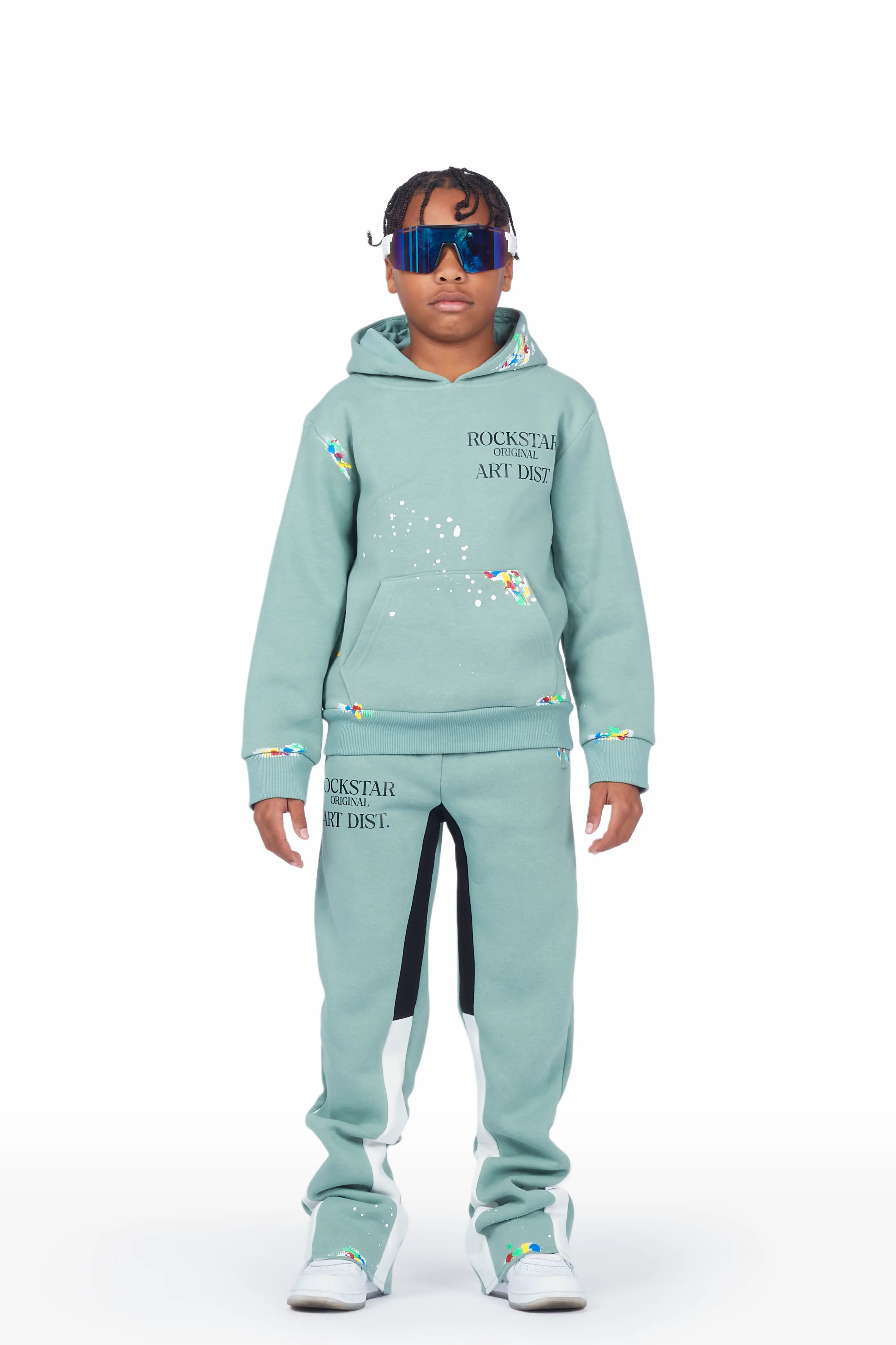 Boys Art Dist. Sage/White Hoodie Stacked Flare Track Set