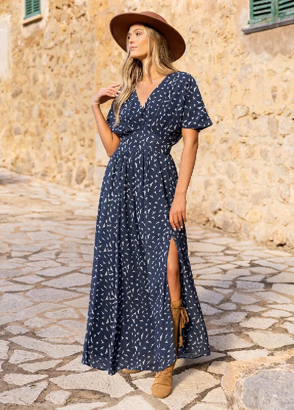 Maya Dress in Navy Bird Print