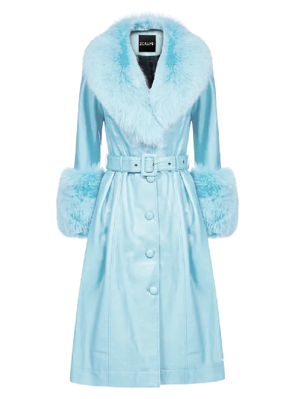 Faux Fur Genuine Leather Coat in Baby Blue