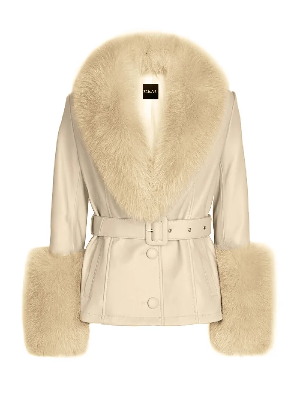 Fur Foxy Leather Short Coat in Beige