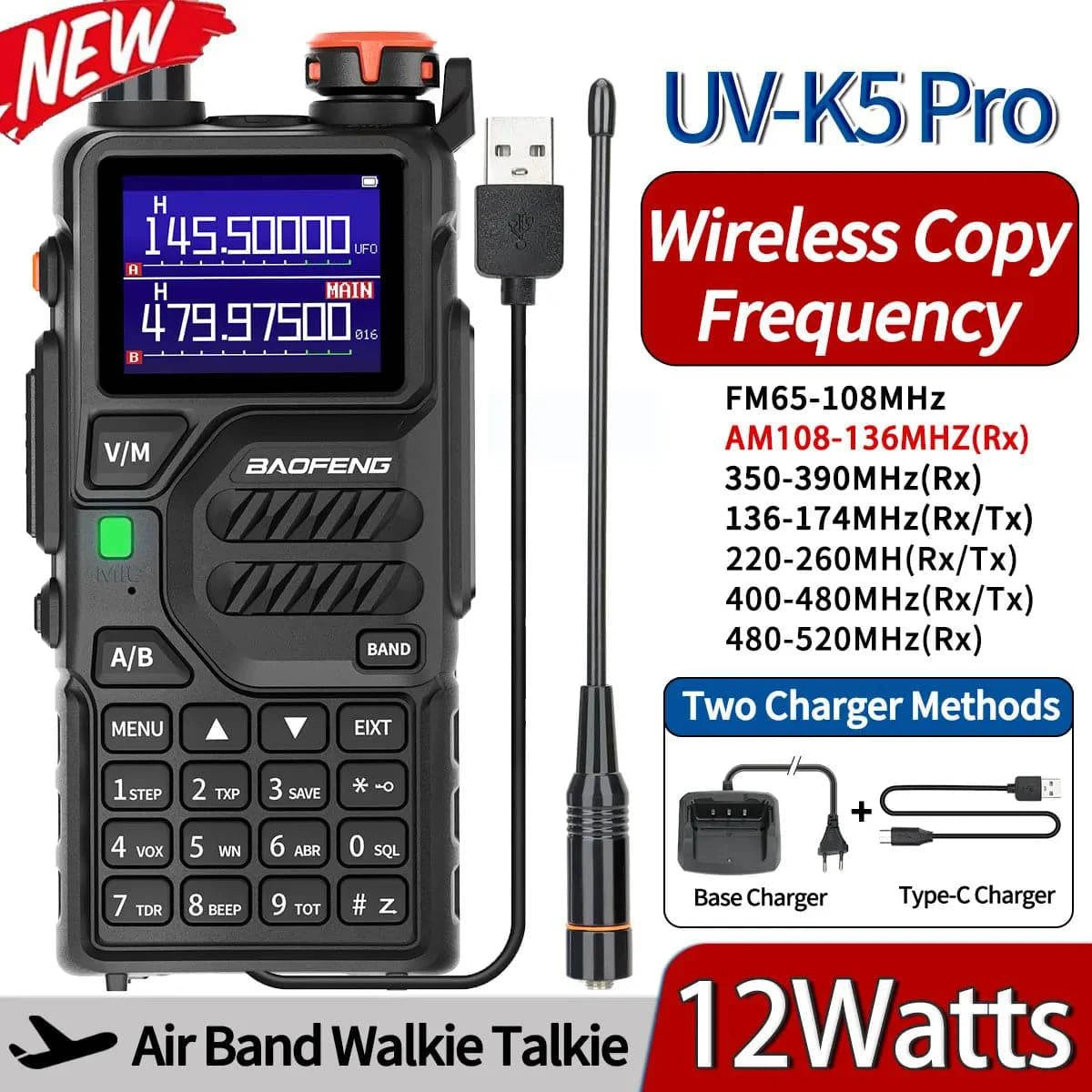 Baofeng UV-K5 Pro Air Band Walkie Talkie Wireless Copy Frequency 12W Type-C Long Range Commutator Receiver Ham Two Way Radio