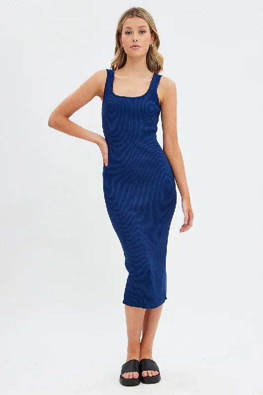 Blue Knit Midi Dress Sleeveless Scoop Neck Bodycon Rib