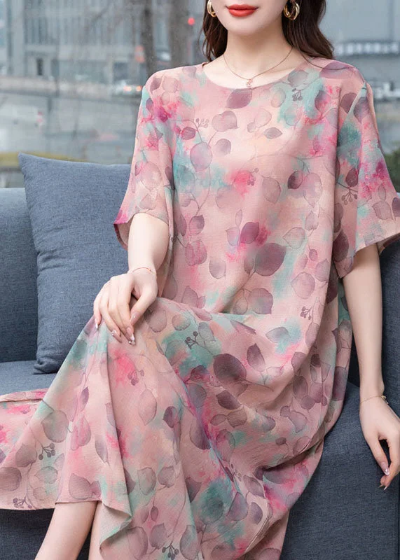 Chic light Purple O-Neck Print Patchwork Chiffon Dresses Summer