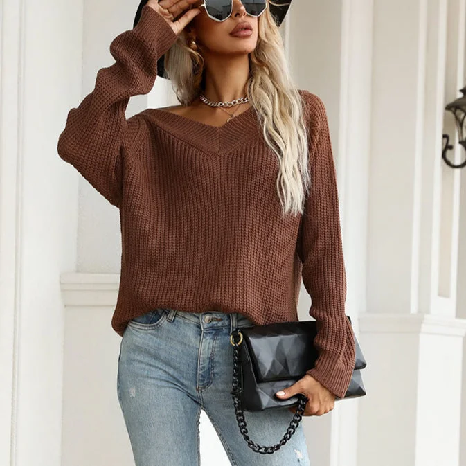 Fashion Solid Color V-Neck Long Sleeve Loose Wholesale Sweater