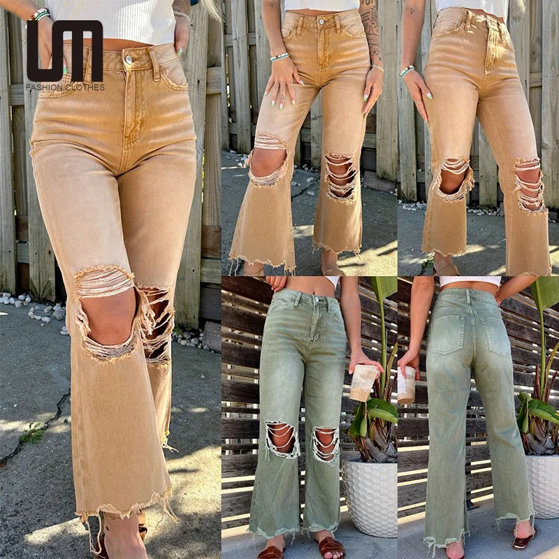 Liu Ming Custom Wholesale Good Quality 2024 Streetwear Casual Denim Ripped Hole Straight Pants Loose Jeans Trousers For Women