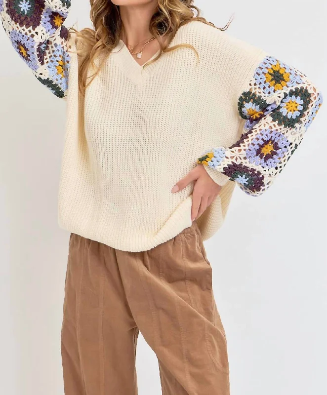 Crochet Patchwork Sweater In Ivory/blue