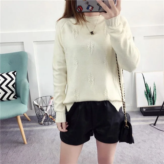 Hot Sale Korean Style High Neck Leaf Print Woman Cashmere Sweater