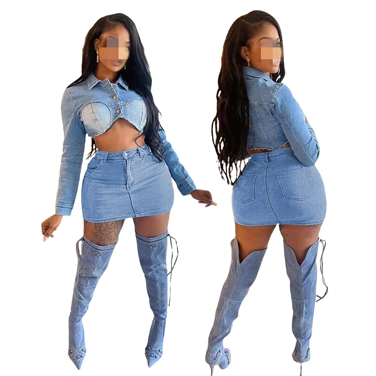 F88532 2024 Fall Winter Trendy Boutique Fashion 2 Piece Denim Jeans Skirt And Top Set For Women