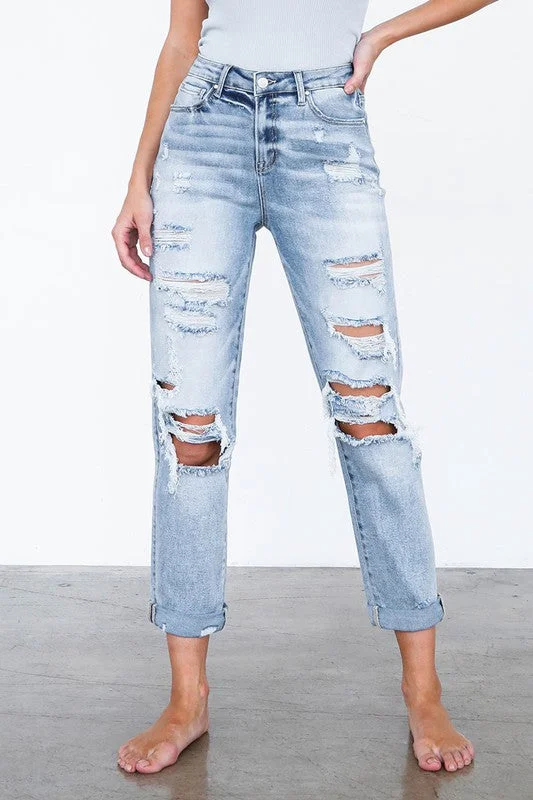 High Waist Destroyed Girlfriend Jeans