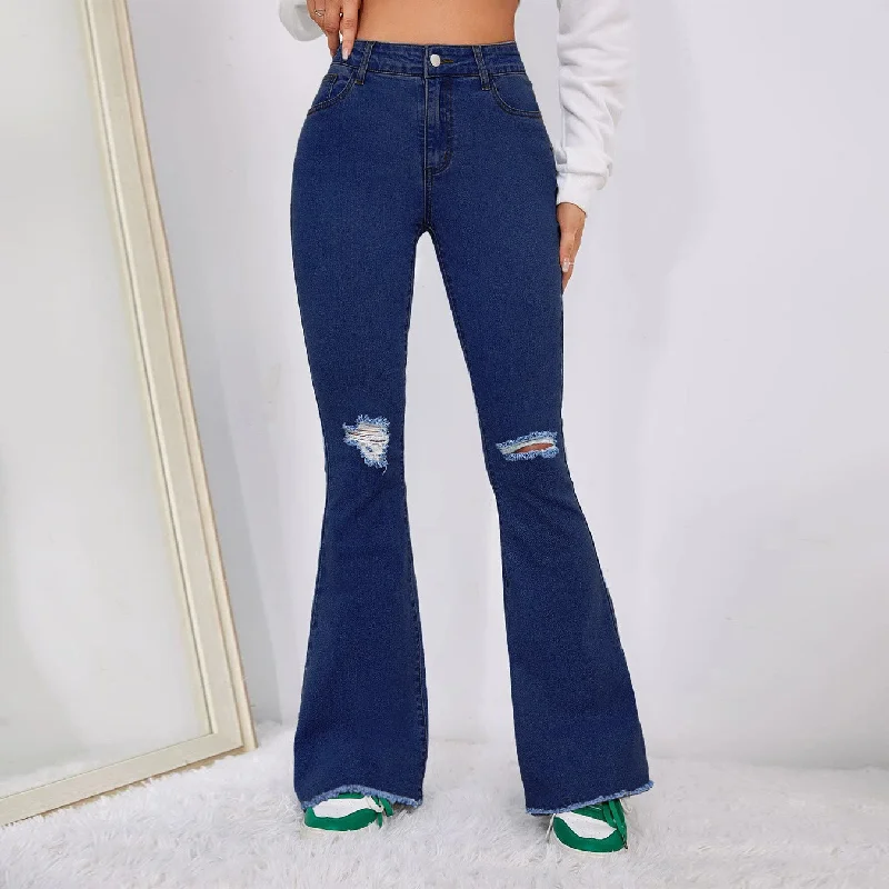 Trendy Personality Ripped Denim Flared Pants Wholesale Jeans