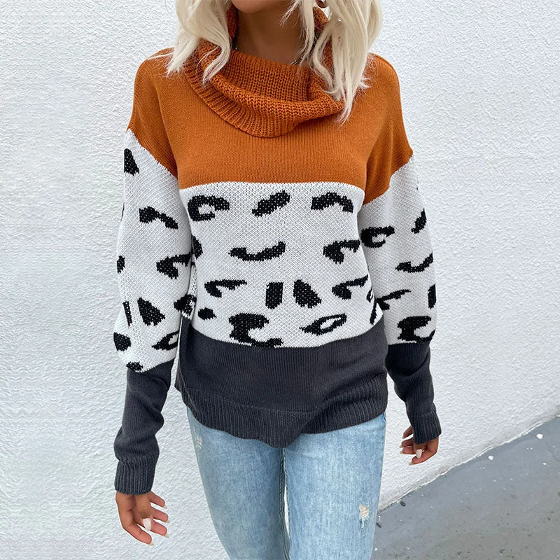 Casual Pile Collar Contrasting Colors Leopard Loose Long Sleeve Wholesale Sweaters