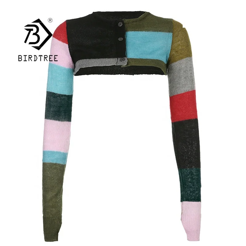 2022 Summer Color-Blocking Knitted Cropped Tops Female Thin Button Round Neck Smock Long-Sleeved Sunscreen Short Sweater T26101J