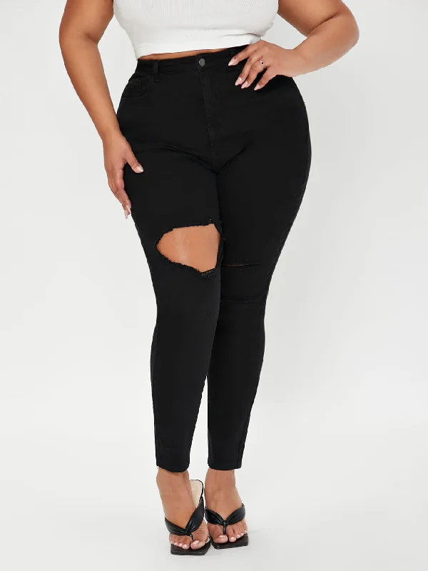 Plain Zipper High Waist Long Plus Size Jeans