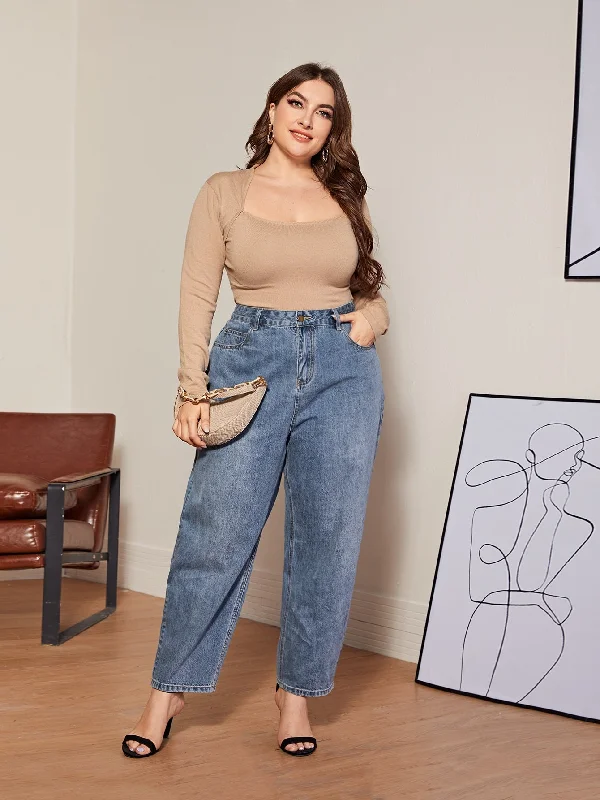 Plain Zipper High Waist Long Plus Size Jeans