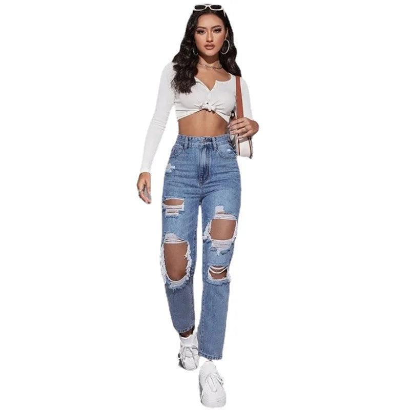 2024 Spring Autumn Fashion Women Ripped Jeans Comfortable Casual Street Style Water Washed Holes High Waist Lady Straight Pants