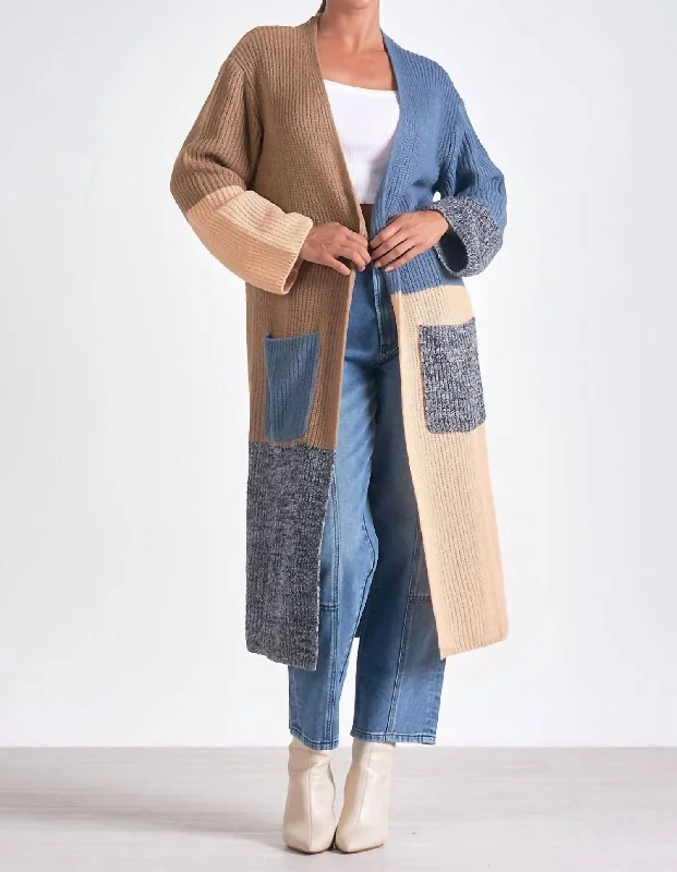 Colorblock Long Cardigan In Blue/camel