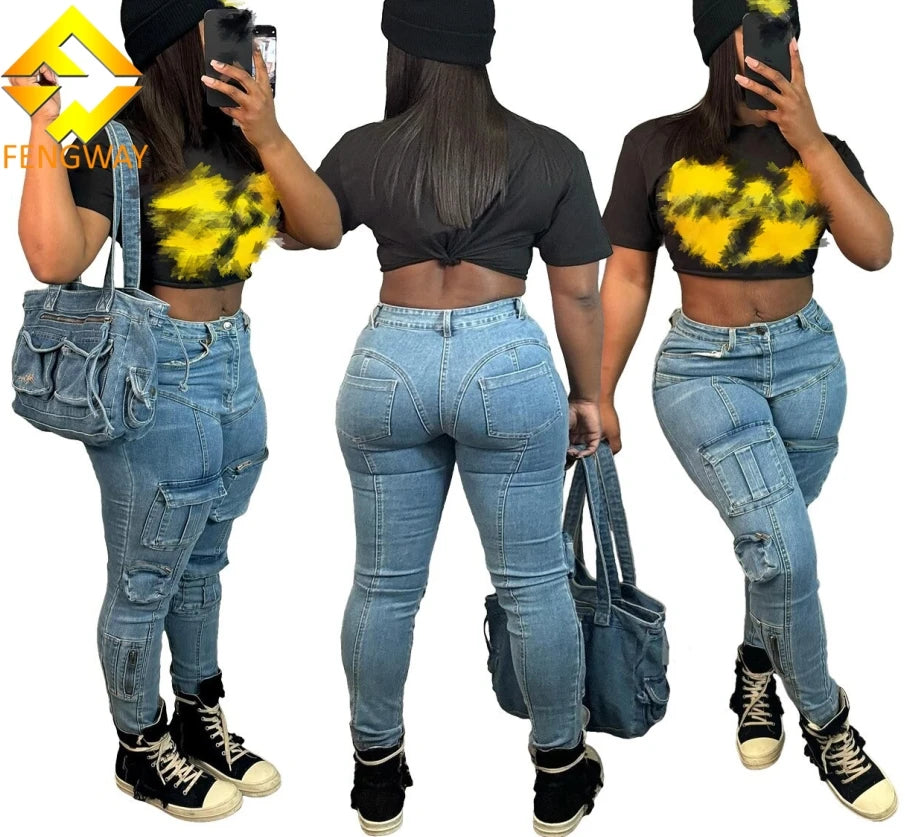 2024 New Fashion High Stretch Skinny Jeans For Women Casual Multi Pocket Sexy Hip Lift Denim Pencil Cargo Pants