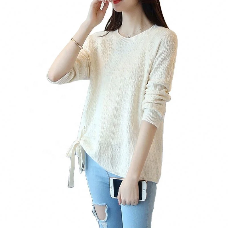 Sexy Girl Crew Neck Side Bandage Loose Thin Spring Knitted Acrylic Jumper Sweater