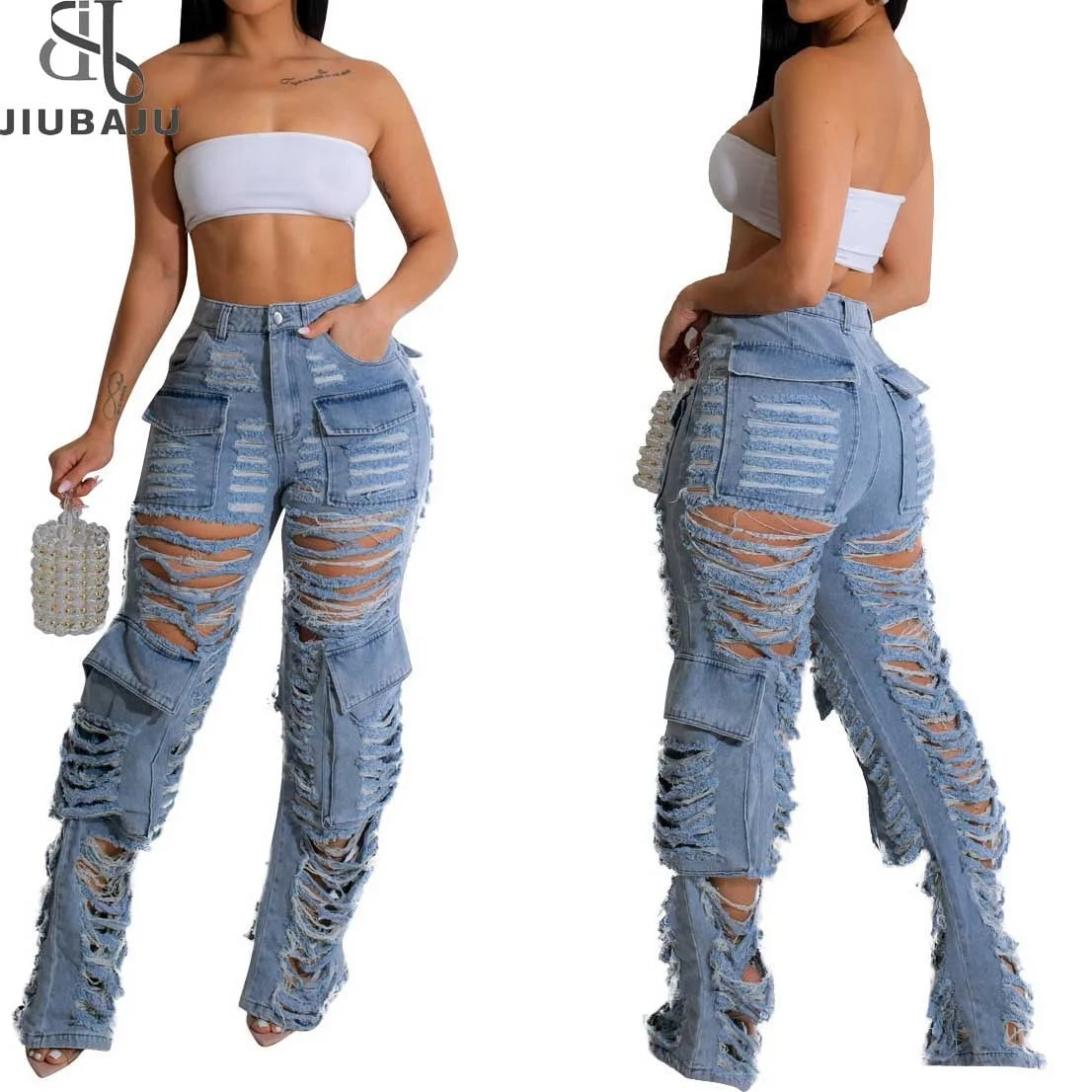 2024 New Fashion Women Jeans INS Sexy Holes Ripped Washed Pockets Denim Cargo Pants High Waist Straight Jeans