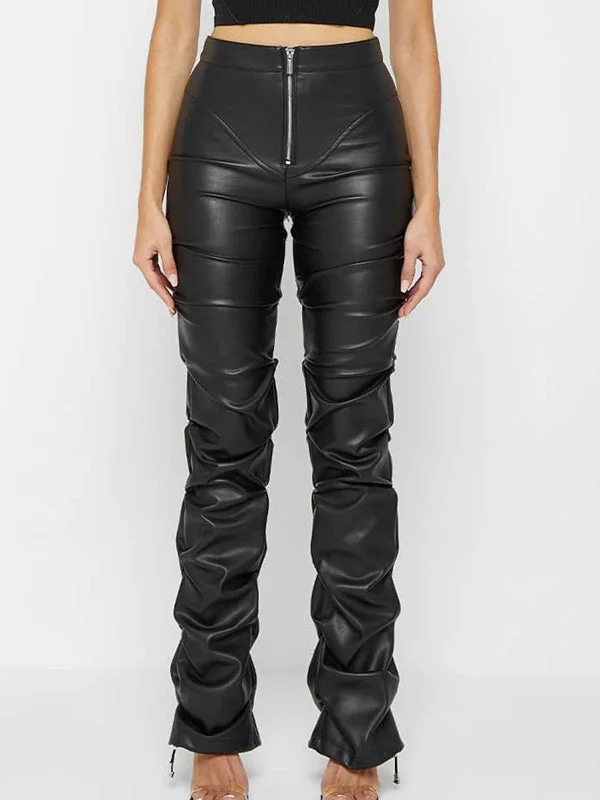 ZASUWA Female Faux Leather Folds Zipper Fashion Leggings