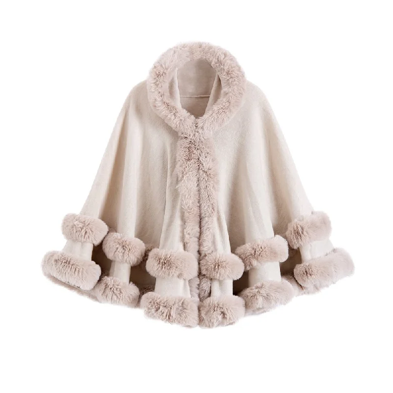 Oversized Knitted Cape Outer Shawl Artificial Fur Collar Hooded Warm Jacket