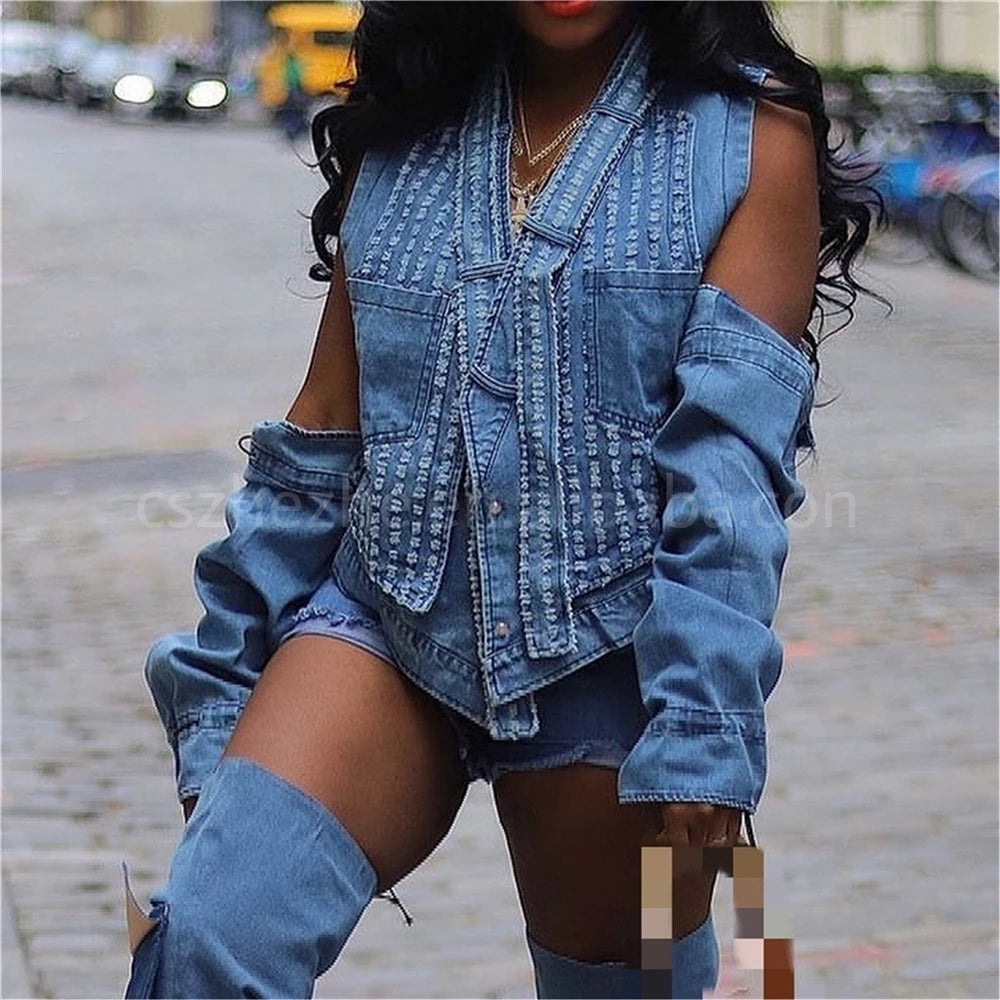 ZHEZHE Fall Fashion Streetwear Vintage Lady Denim Jacket Washed Denim Jacket Split Sleeve Blue Denim Coat Women Jeans Jacket