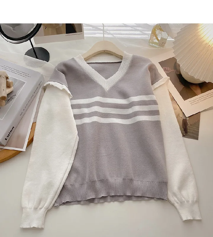 Striped V-neck color blocking long sleeve T-shirt  6615