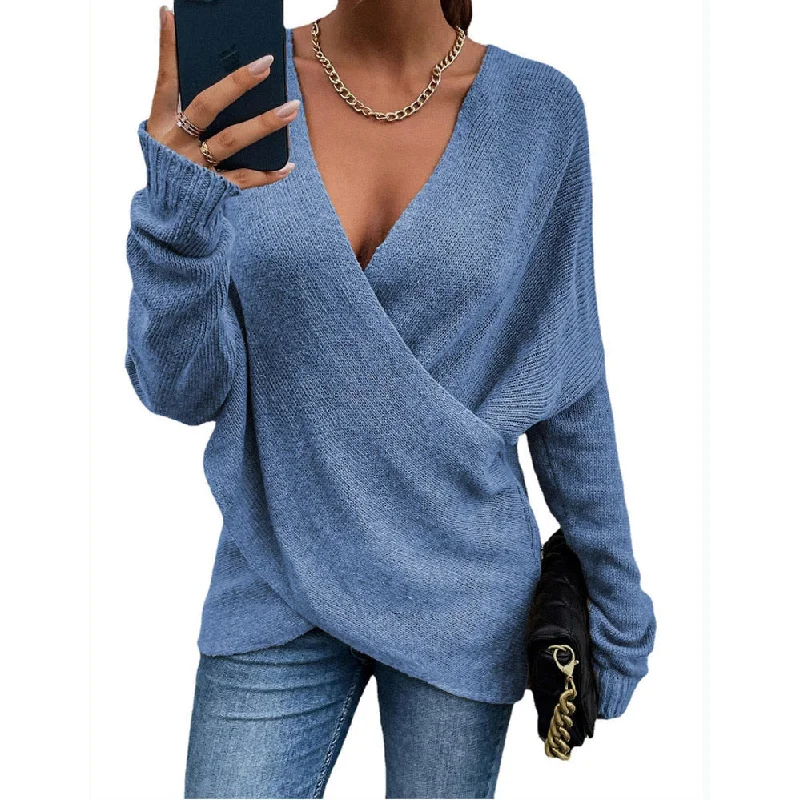 Women Casual autumn winter loose outerwear women's knitted Sexy Deep V Neck Irregular Sweater Long Sleeve Tops 14 colors xxxl