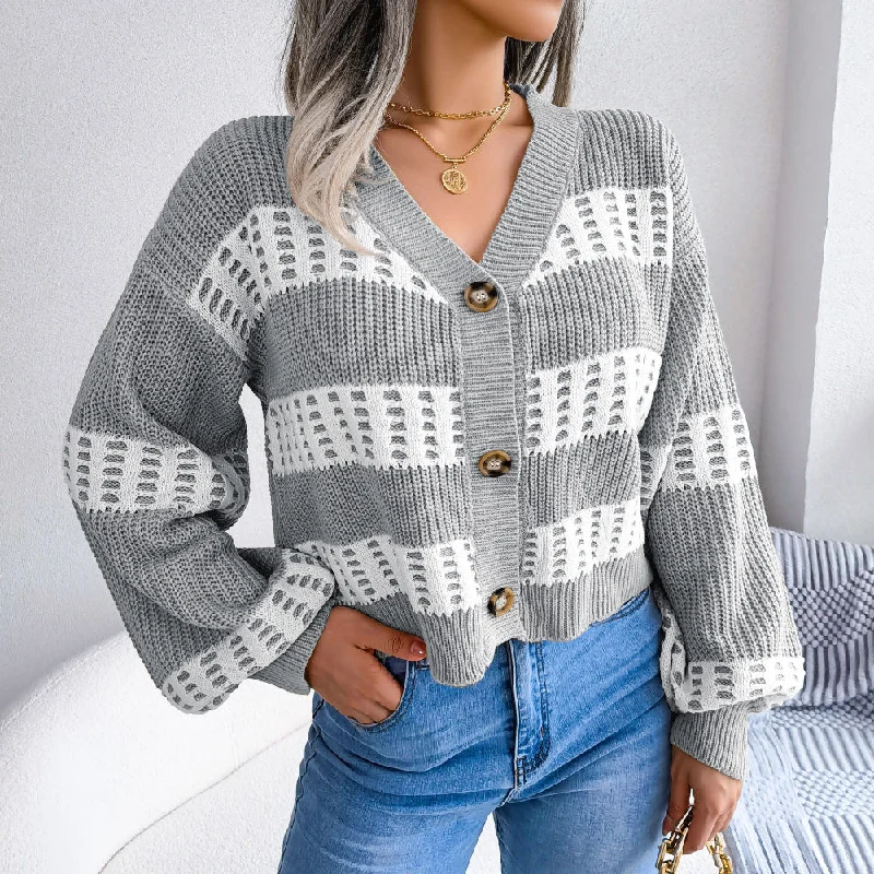 Fashion Clashing Stripes Single-Breasted Lantern Long Sleeve Cardigan Wholesale Sweater Coat