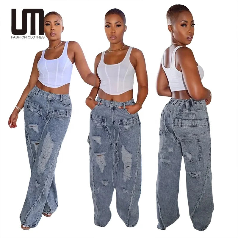 Liu Ming Autumn Winter 2024 Fashion Women Casual Ripped Out Tassel Multi Pocket Wide Leg Straight Denim Pants Jeans Trousers