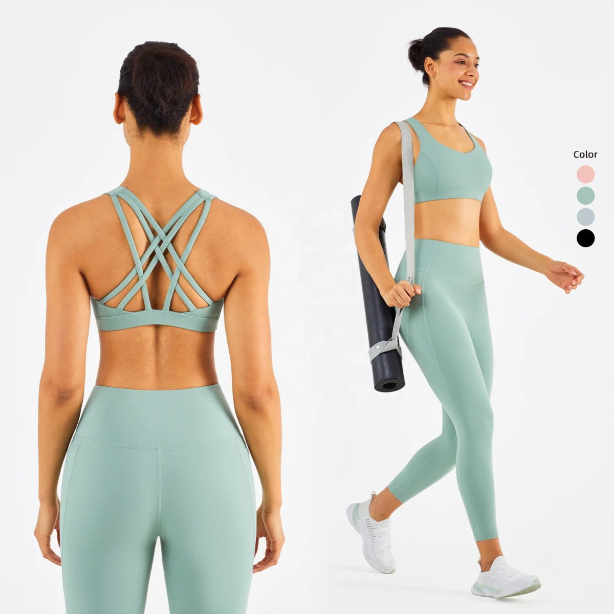 Women Yoga Set: High Waist Gym Bra & Sport Pants Set, MOQ: 1 Set, Fabric Options: Nylon/Spandex Blends | WX1433-CK1427