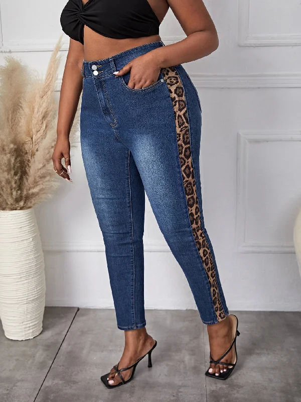 Leopard Zipper High Waist Cropped Plus Size Jeans