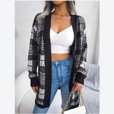 Casual Plaid Lace-Up Long Sleeve Knitwear Sweaters Wholesale Cardigan