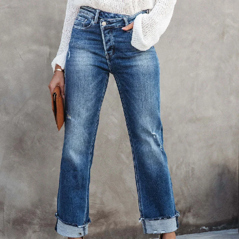 High Waist Fashion Casual Denim Trousers Straight Jeans Wholesale Women Pants