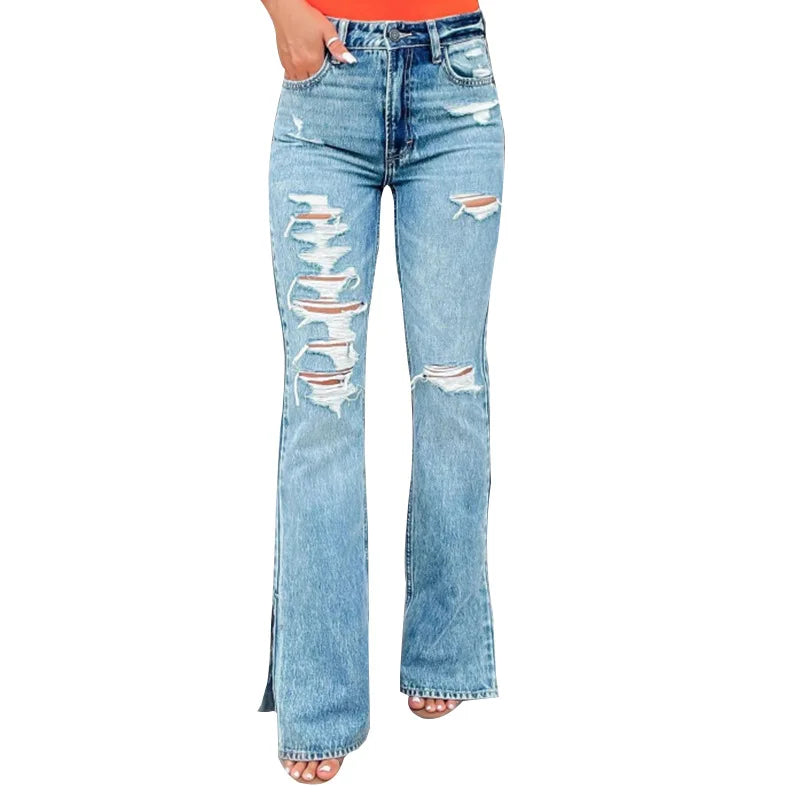 Ripped Frayed Hem Denim Jeans High Quality Women High Waist Light Blue Casual And Fashionable Flare Pant