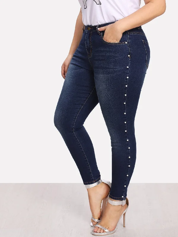 Plain Pocket Natural Long Plus Size Jeans