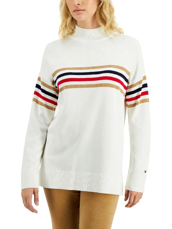 Womens Striped Dropdown Shoulders Mock Turtleneck Sweater